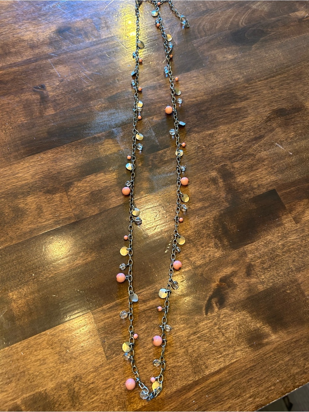 Premier Designs Coral Bead & Gold Disc Long Layer Necklace